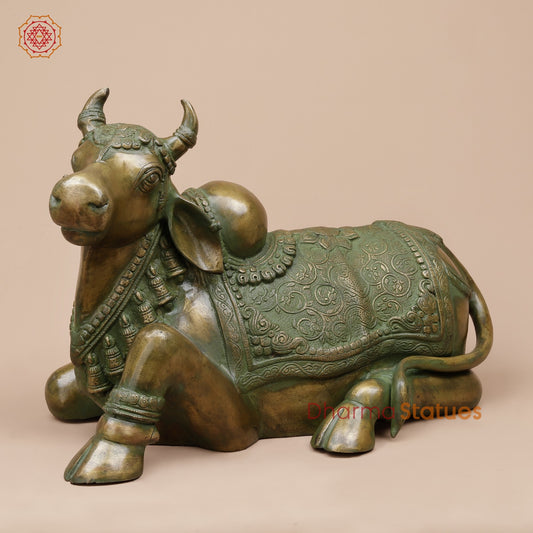 Brass Nandi Seated Fine Carving, Natural Patina 21”