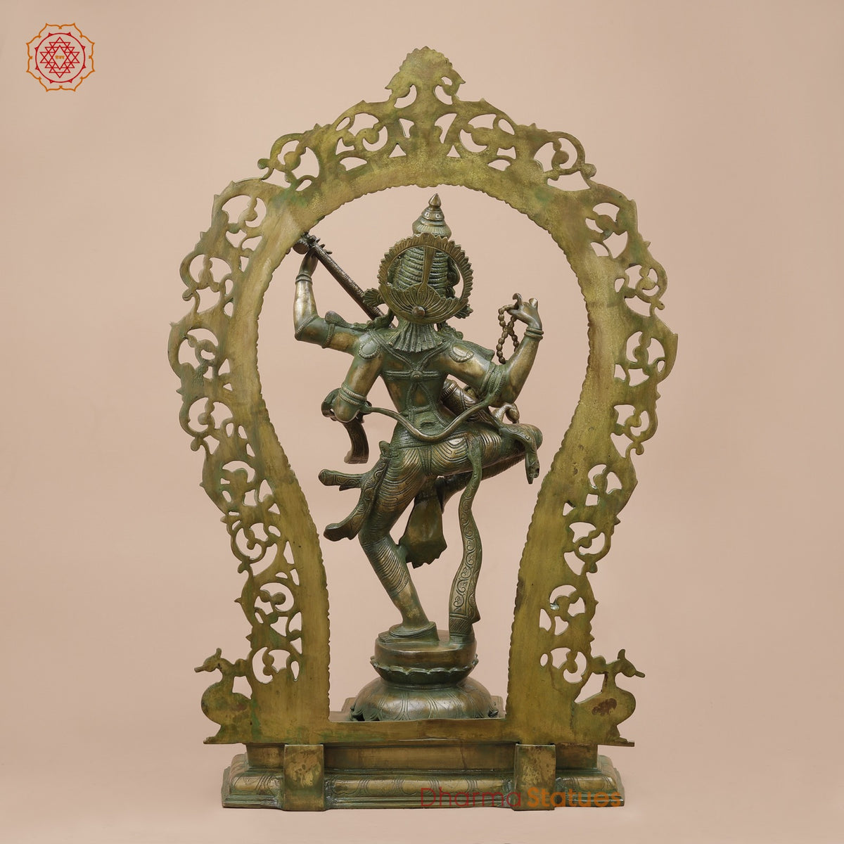 Brass Saraswati Dancing with Arch Fine, Antique Patina 32”