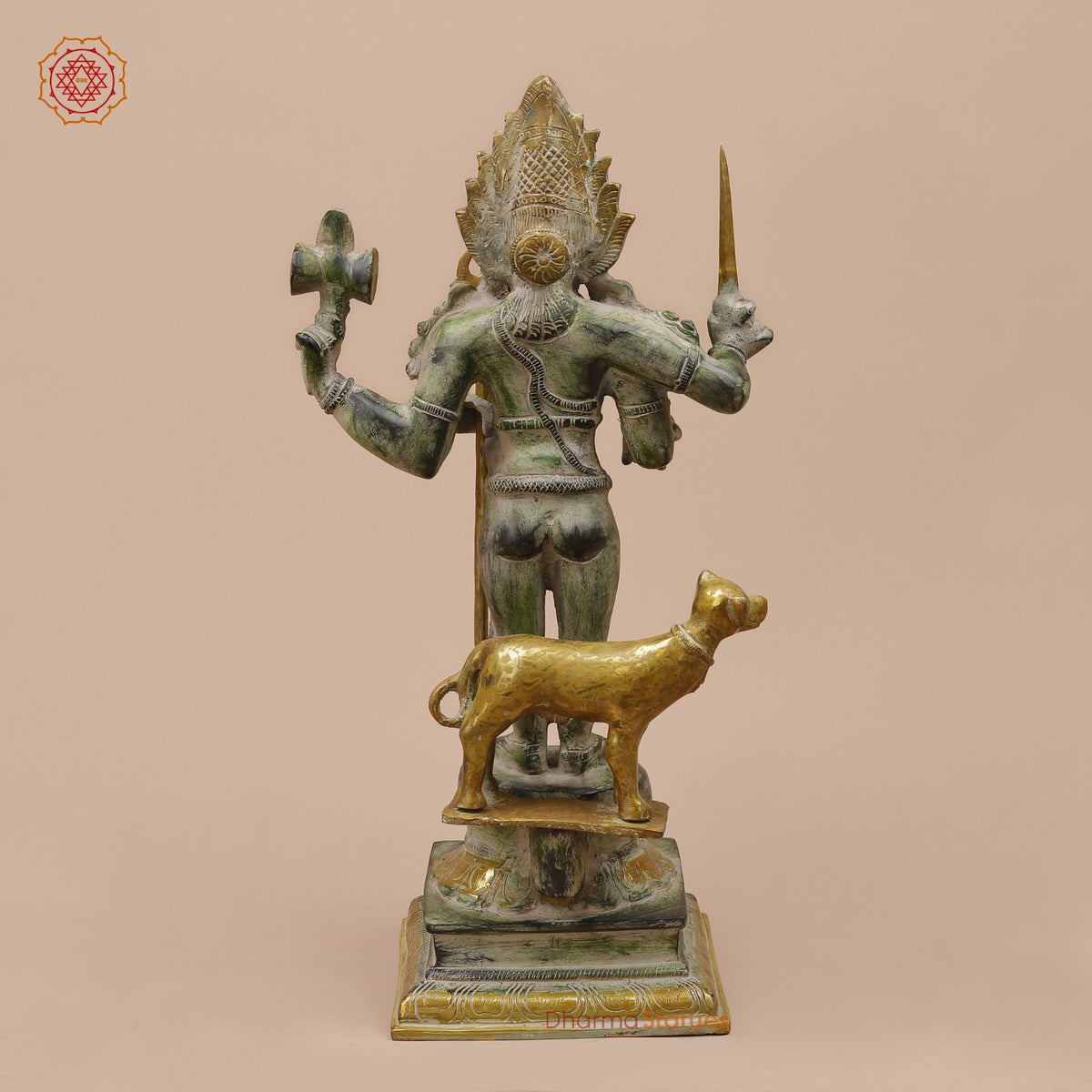 Brass Bhairav Standing Fine, Green and Gold Finish 18”