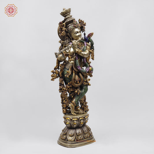 Brass Krishna Standing Fine Carving, Colorful finish 30”