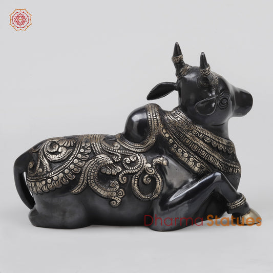Brass Nandi Seated With Fine Carving, Royal Black Finish 12”