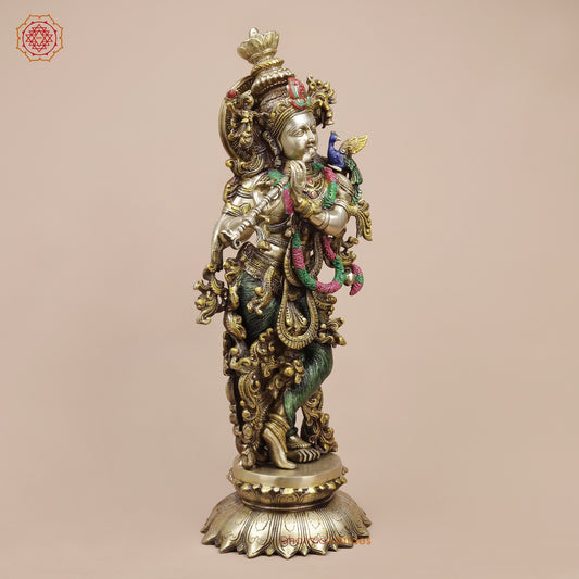 Brass Krishna on Lotus Base, Colorful Finish 26”