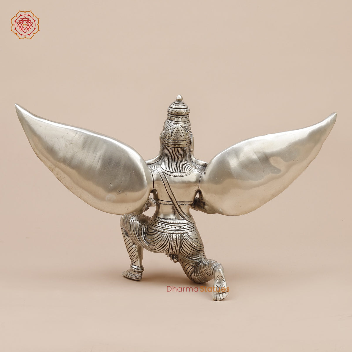 Brass Garuda Seated With Open Wings Fine, Silver Coated 10”