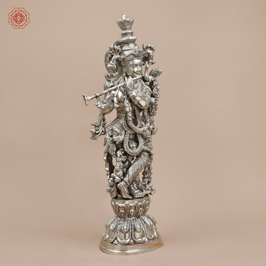 Brass Krishna Standing Fine, Silver Coated 25”