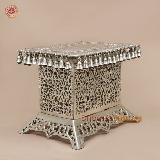 Brass Pedestal With Bells and Jali cut Work Fine, Silver Coated 16”