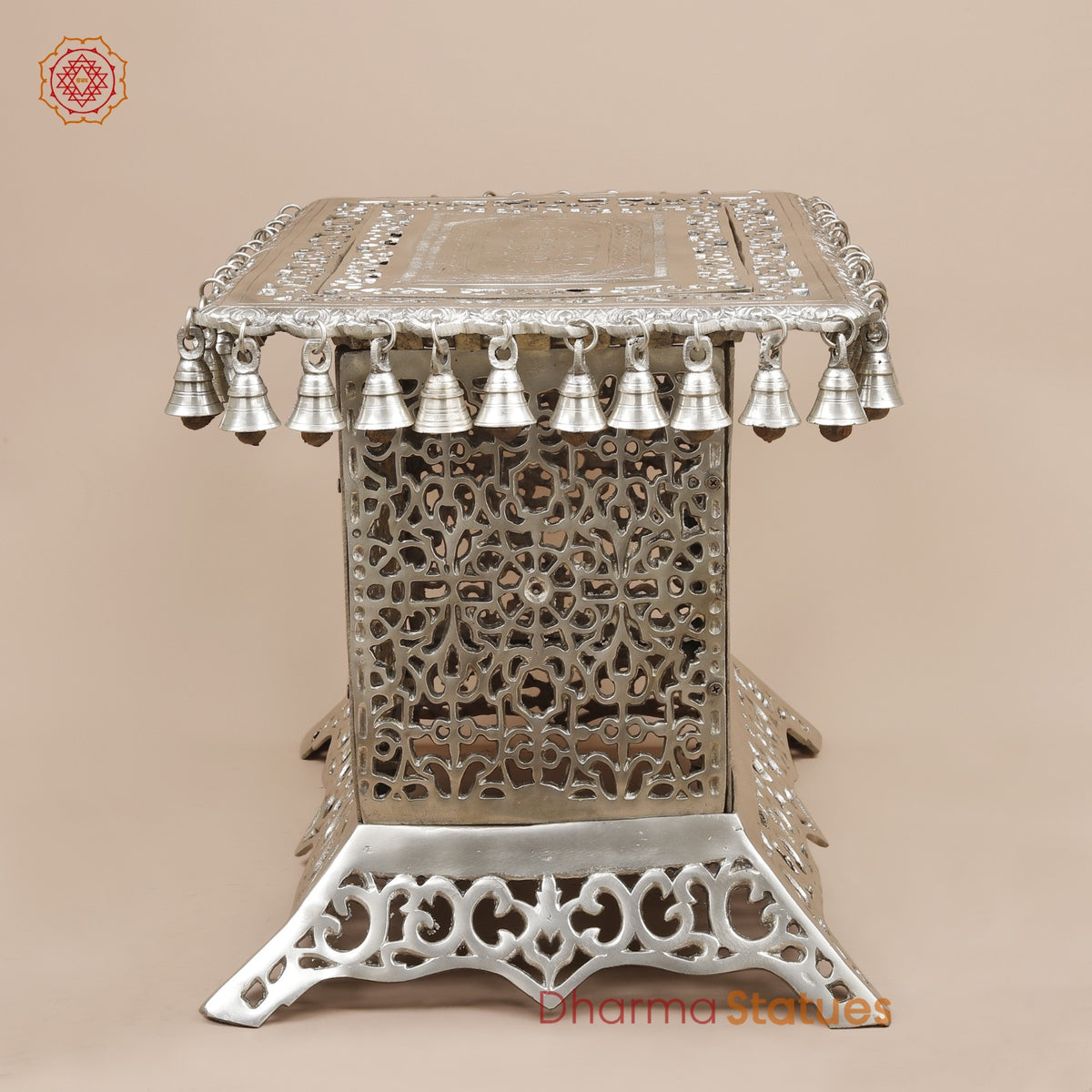 Brass Pedestal With Bells and Jali cut Work Fine, Silver Coated 16”