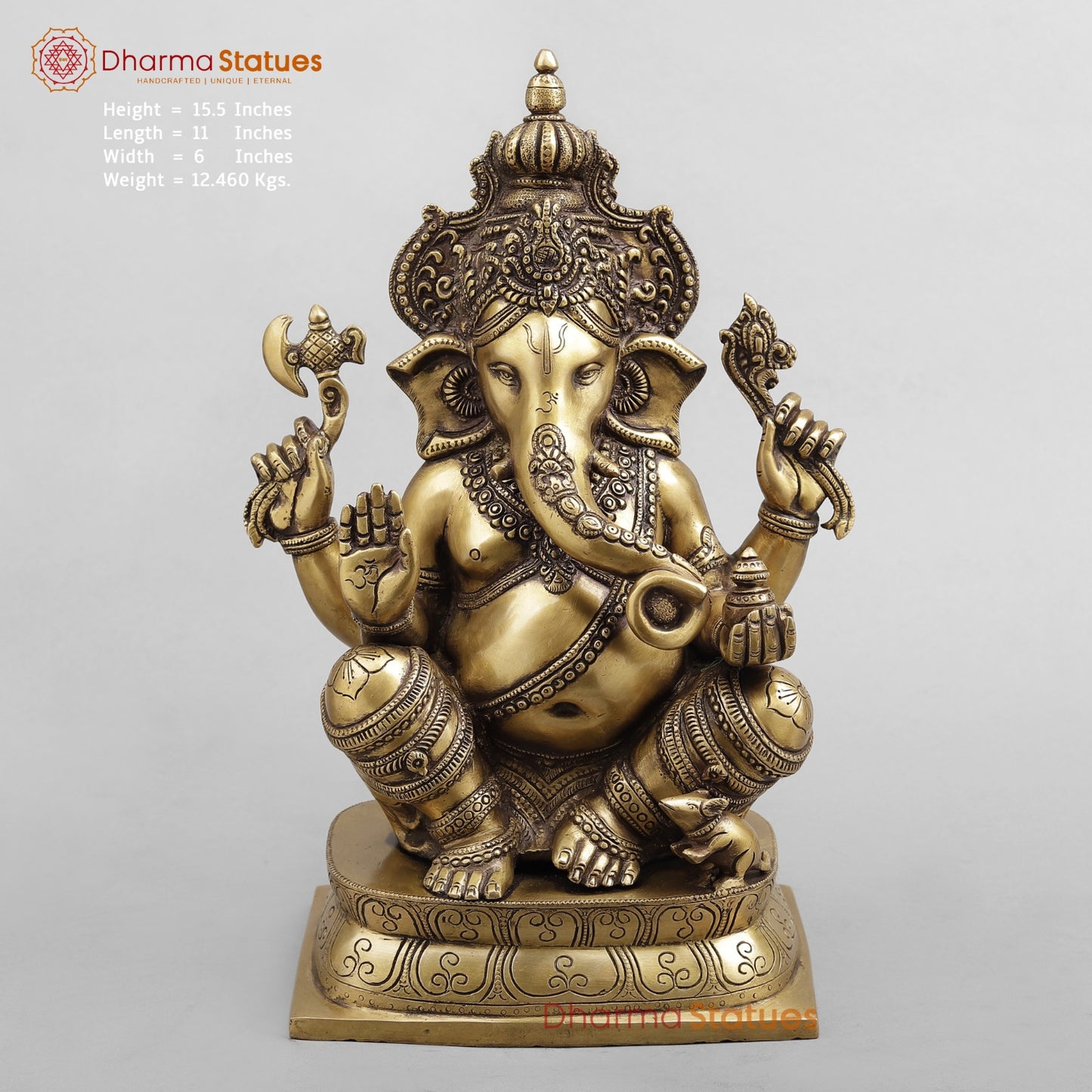 Brass Ganesh Seated, Antique Finish 15.5”