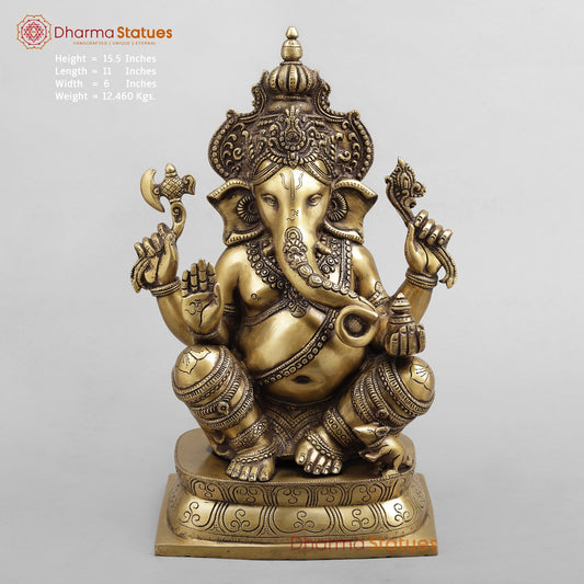 Brass Ganesh Seated, Antique Finish 15.5”