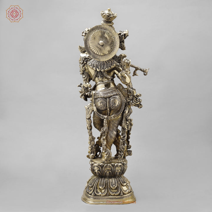 Majestic Brass Lord Krishna Standing on Lotus, smooth finish 30”