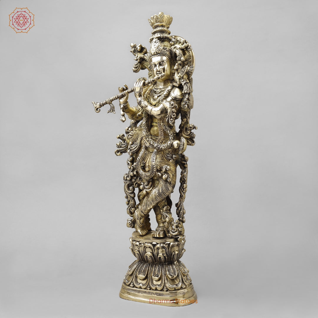 Majestic Brass Lord Krishna Standing on Lotus, smooth finish 30”
