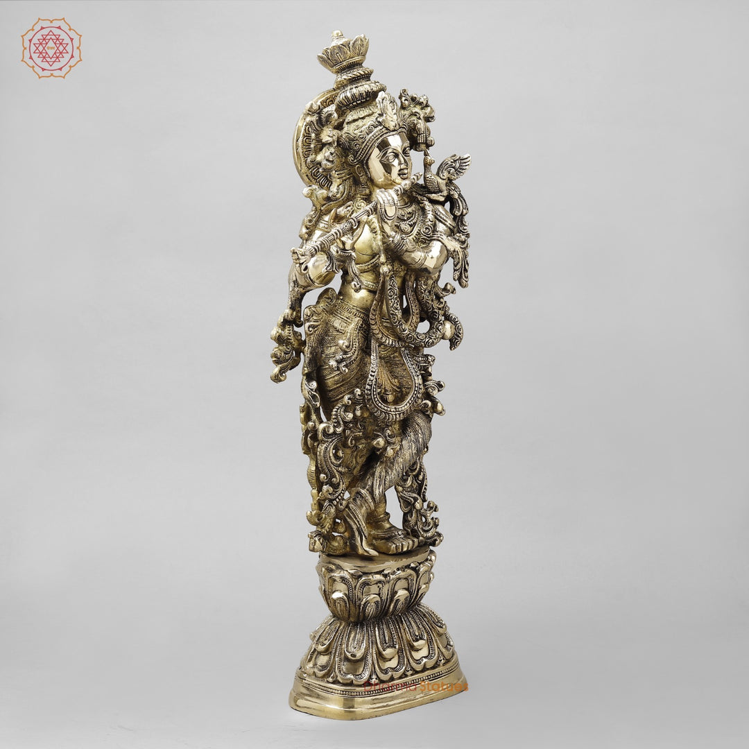 Majestic Brass Lord Krishna Standing on Lotus, smooth finish 30”