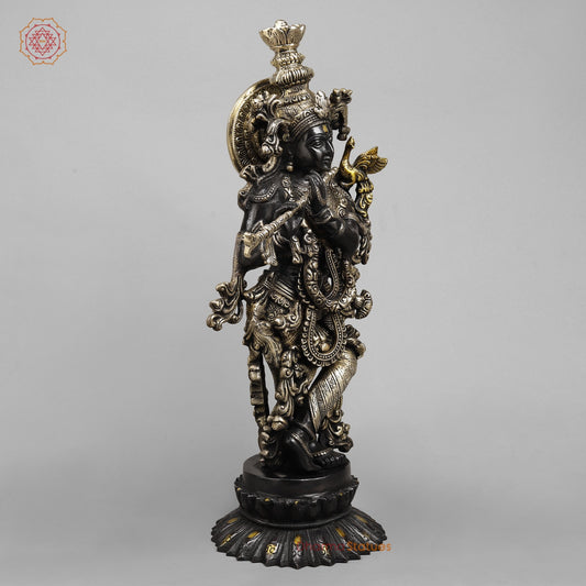 Brass Krishna Standing On Blooming lotus Pedestal 22.5”