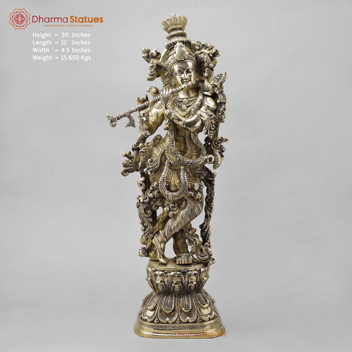 Majestic Brass Lord Krishna Standing on Lotus, smooth finish 30”