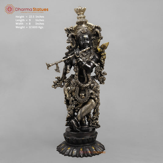 Brass Krishna Standing On Blooming lotus Pedestal 22.5”
