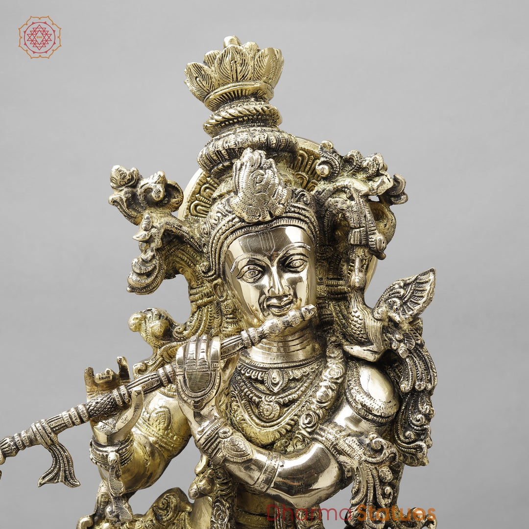 Majestic Brass Lord Krishna Standing on Lotus, smooth finish 30”