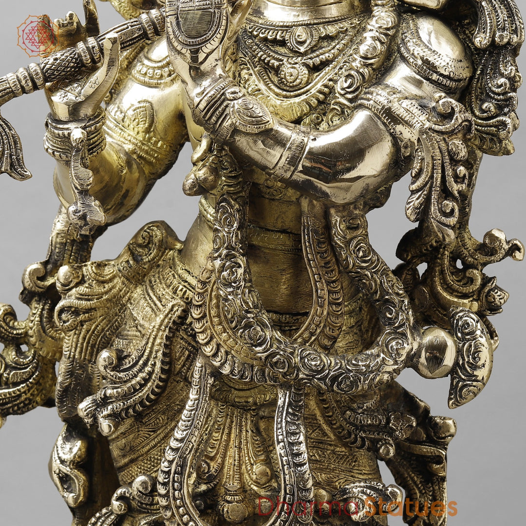 Majestic Brass Lord Krishna Standing on Lotus, smooth finish 30”