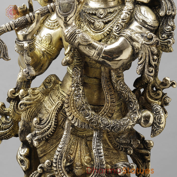 Majestic Brass Lord Krishna Standing on Lotus, smooth finish 30”