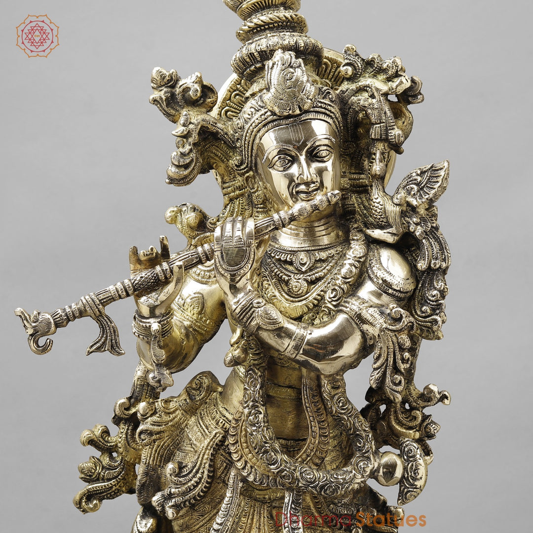 Majestic Brass Lord Krishna Standing on Lotus, smooth finish 30”