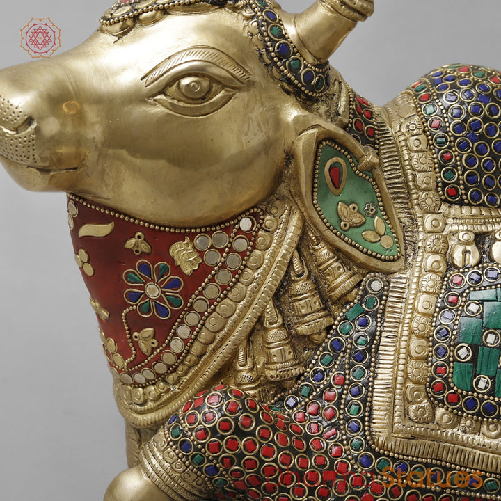 Brass Divine Nandi Seated , Stone work 10”