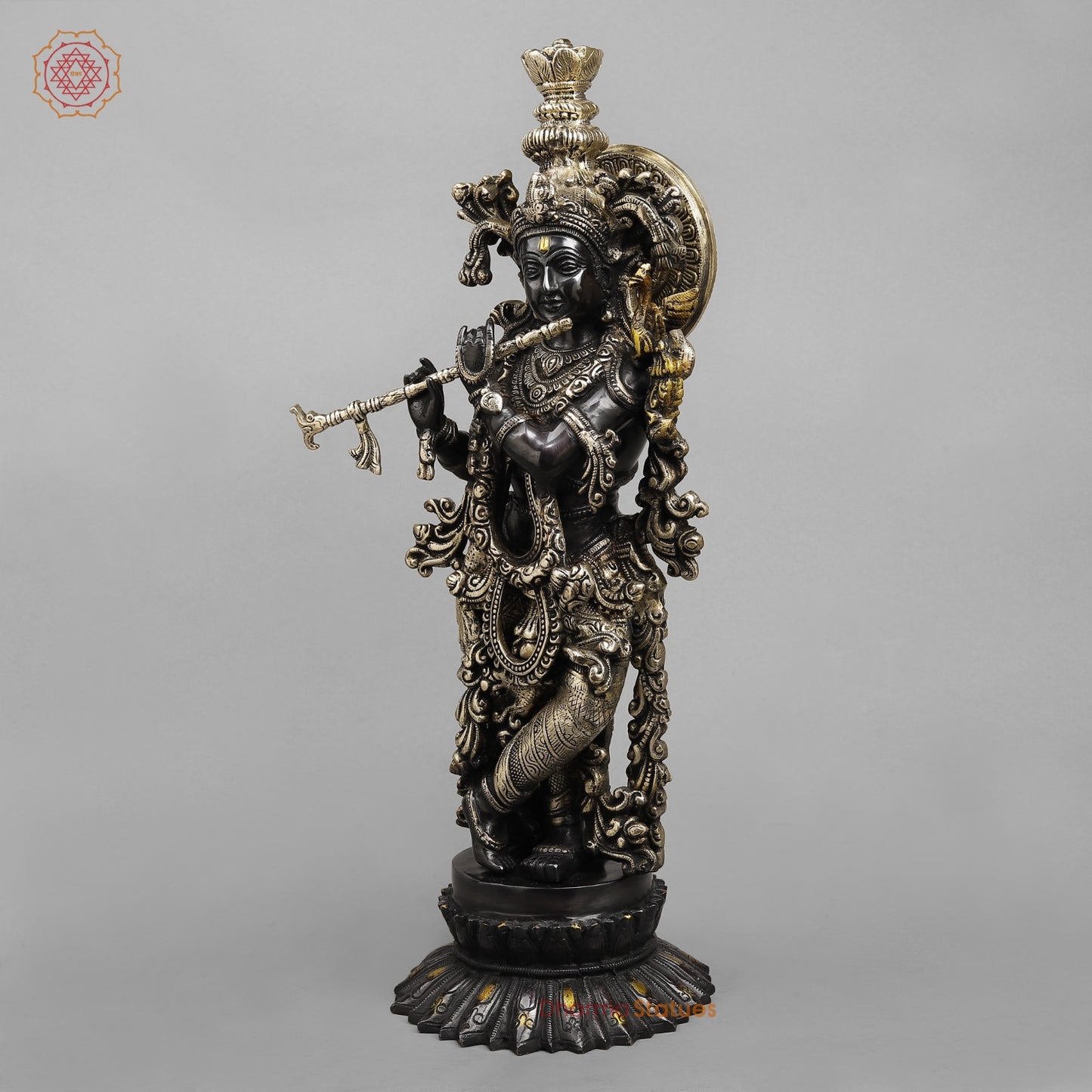 Brass Krishna Standing On Blooming lotus Pedestal 22.5”