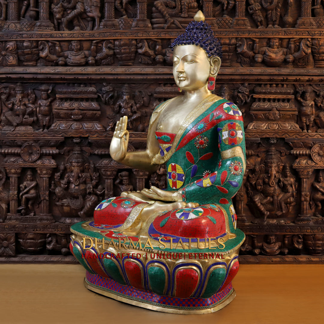 Brass Buddha Statue, Fine Nepali Stone Work With Golden Finish 45.5"