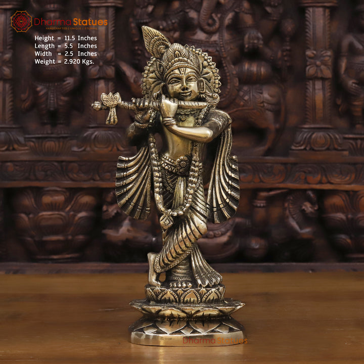 Brass Lord Krishna Statue, Krishna Playing Flute, Golden Fine Finish 11.5" Front View