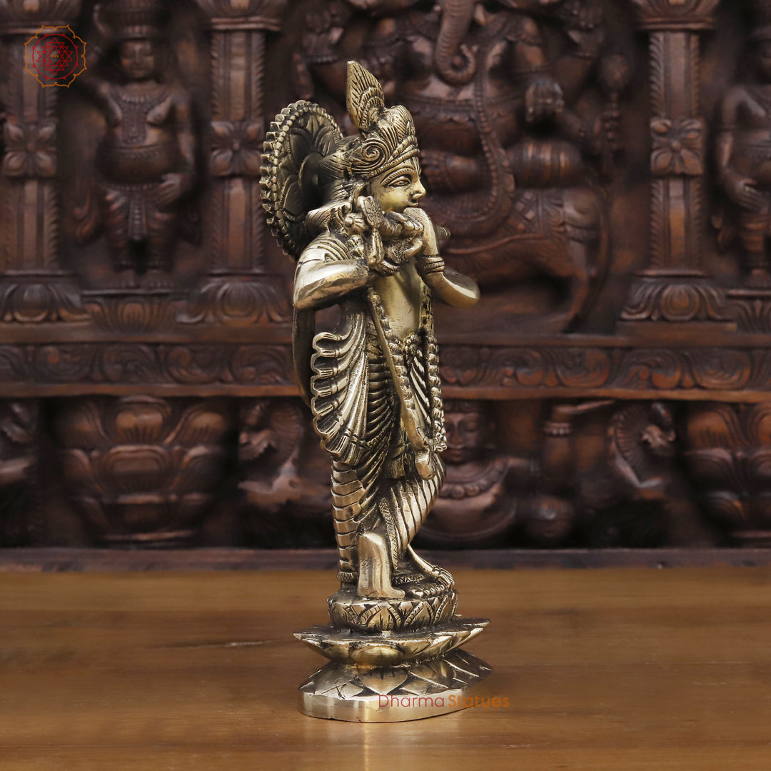 Brass Lord Krishna Statue, Krishna Playing Flute, Golden Fine Finish 11.5"