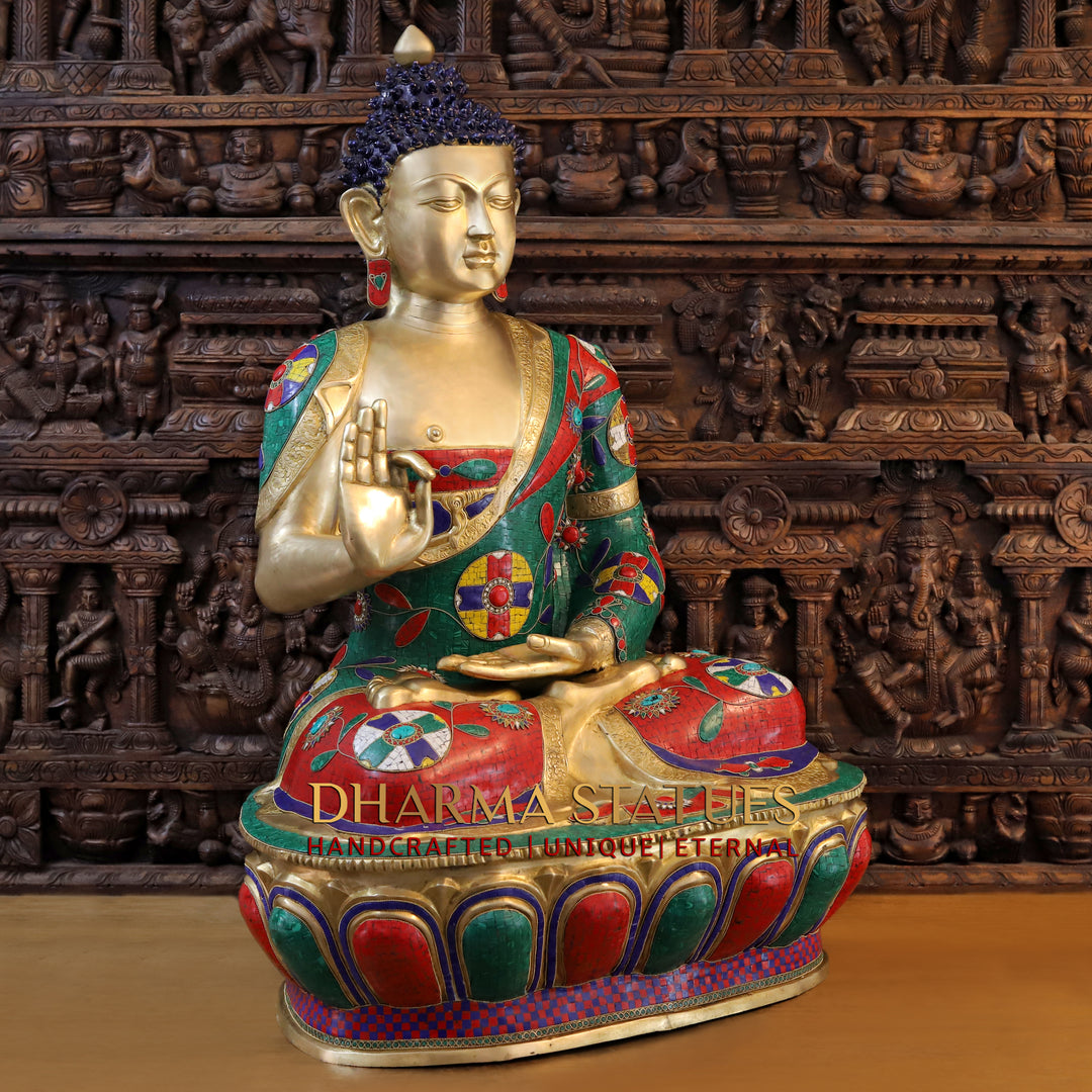 Brass Buddha Statue, Fine Nepali Stone Work With Golden Finish 45.5"