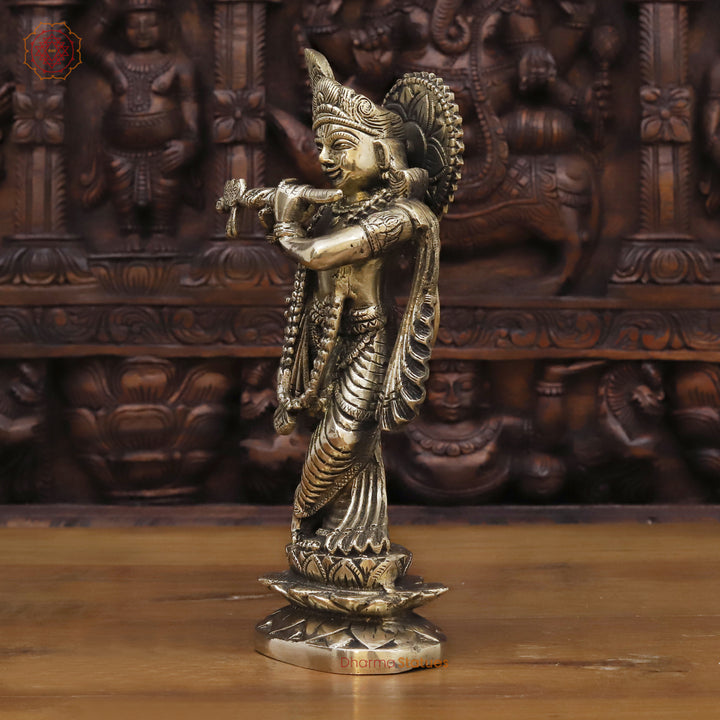 Brass Lord Krishna Statue, Krishna Playing Flute, Golden Fine Finish 11.5"