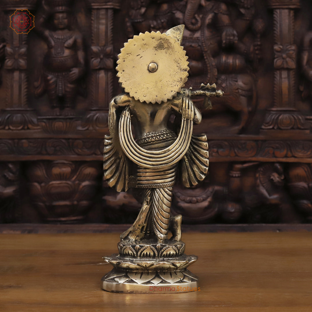 Brass Lord Krishna Statue, Krishna Playing Flute, Golden Fine Finish 11.5"