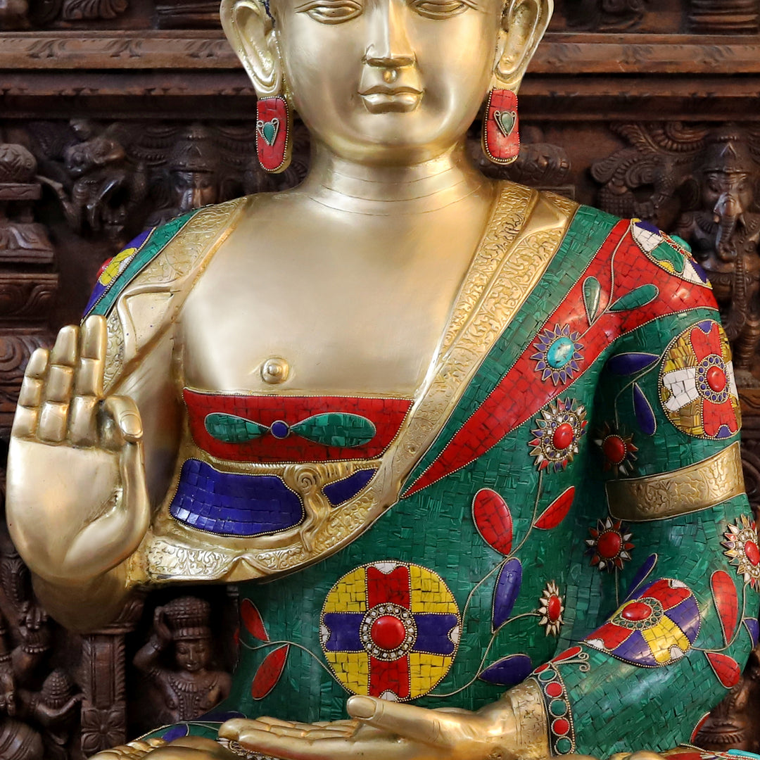 Brass Buddha Statue, Fine Nepali Stone Work With Golden Finish 45.5"