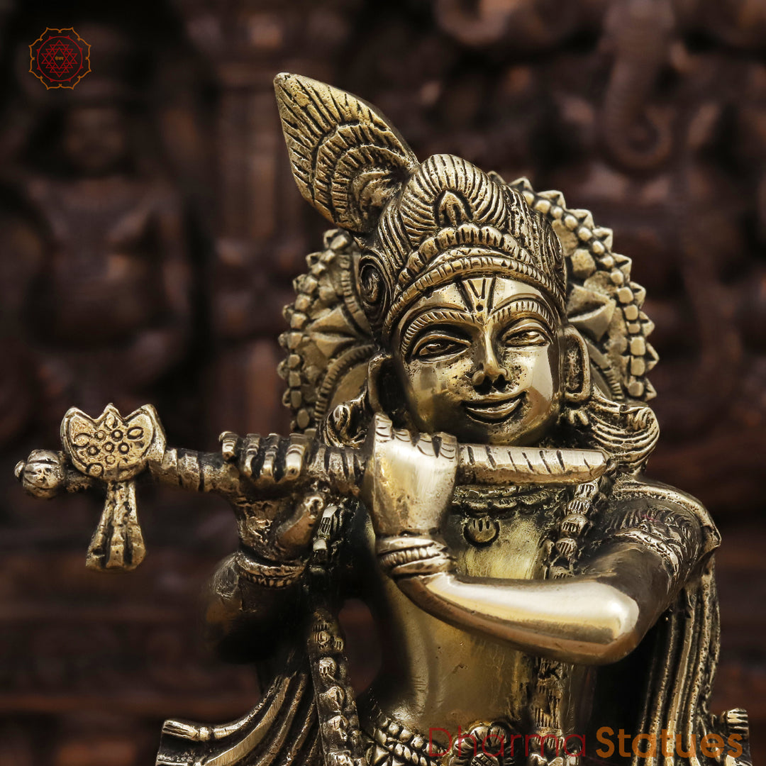 Brass Lord Krishna Statue, Krishna Playing Flute, Golden Fine Finish 11.5"