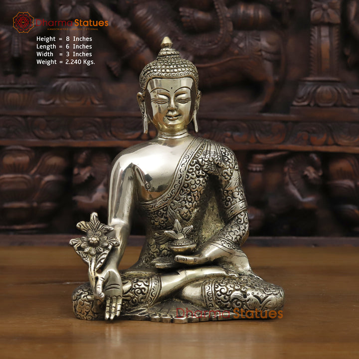 Brass Buddha Statue, Meditating Buddha, Silver Fine Work 8" Front View