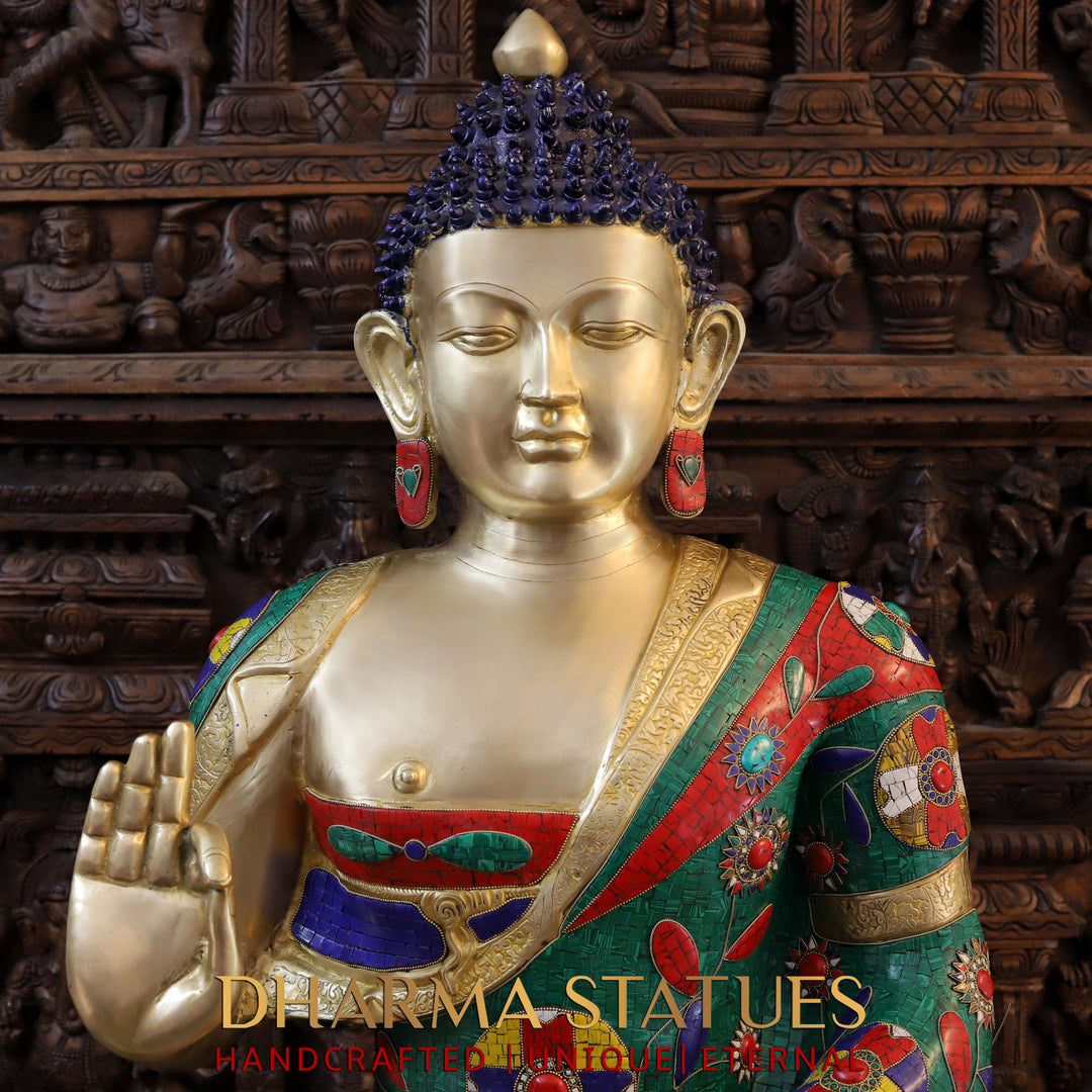 Brass Buddha Statue, Fine Nepali Stone Work With Golden Finish 45.5"