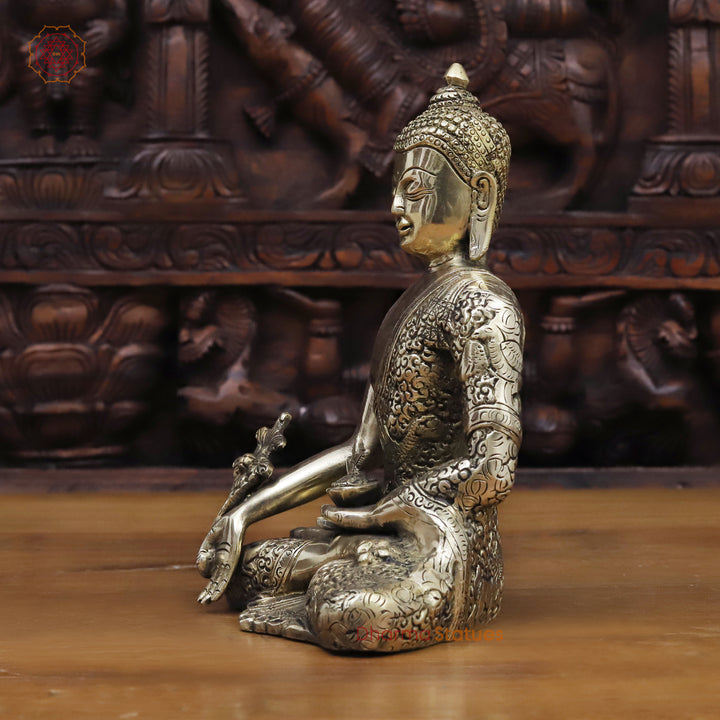 Brass Buddha Statue, Meditating Buddha, Silver Fine Work 8"