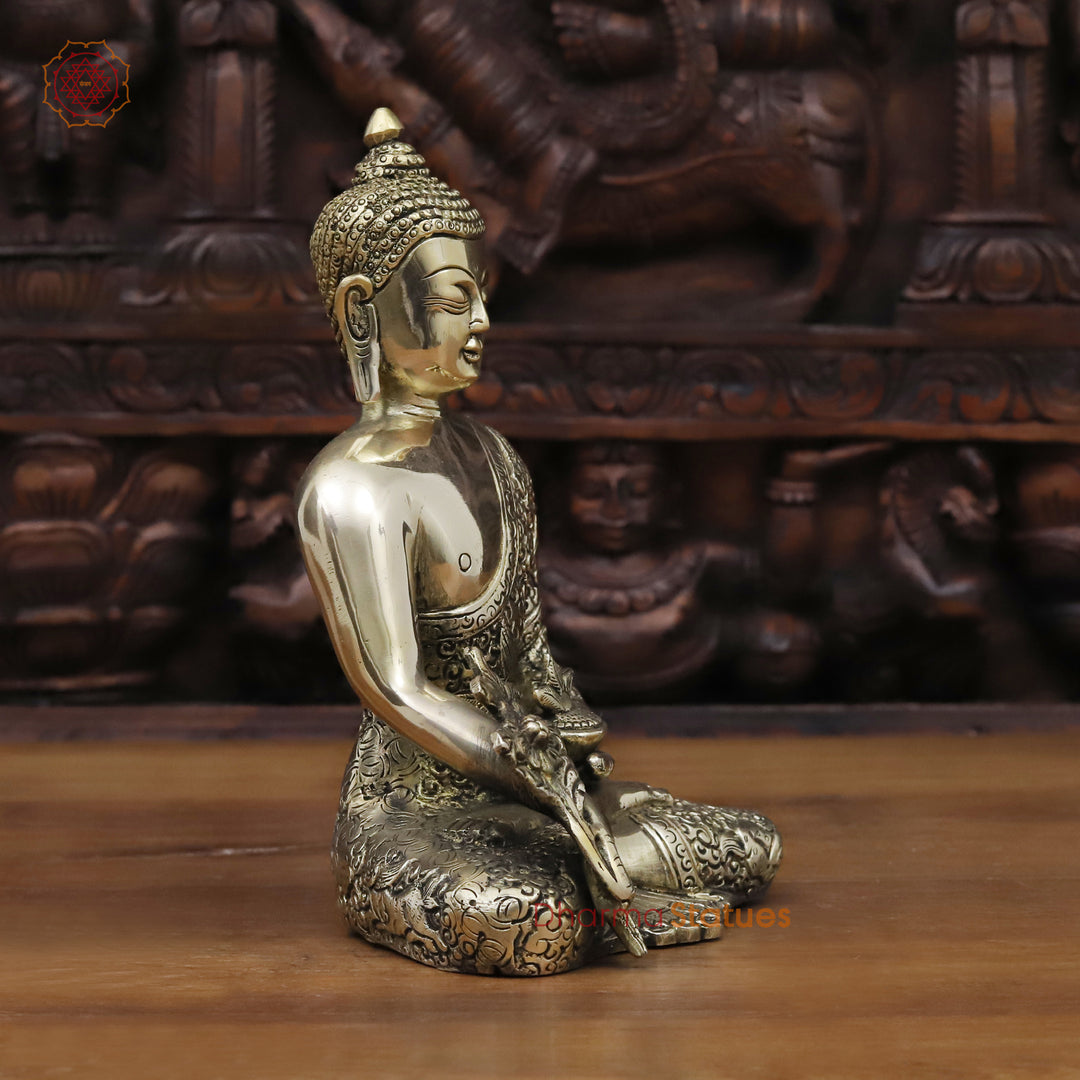 Brass Buddha Statue, Meditating Buddha, Silver Fine Work 8"