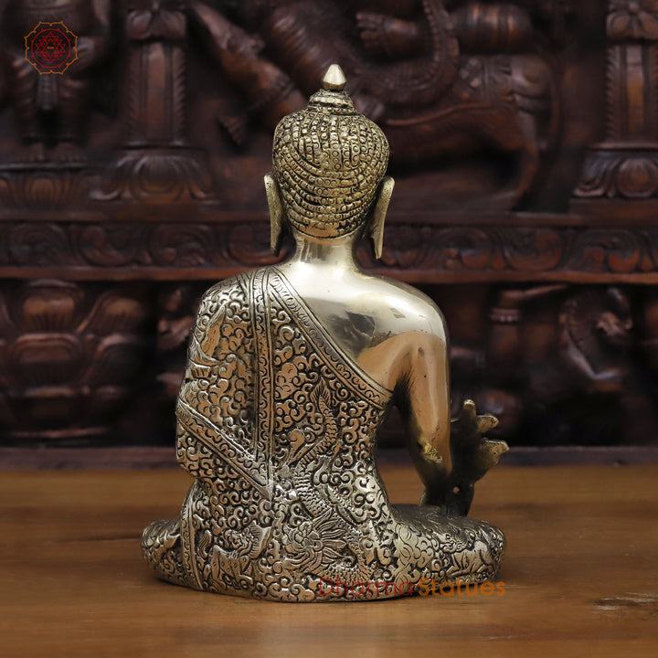 Brass Buddha Statue, Meditating Buddha, Silver Fine Work 8"