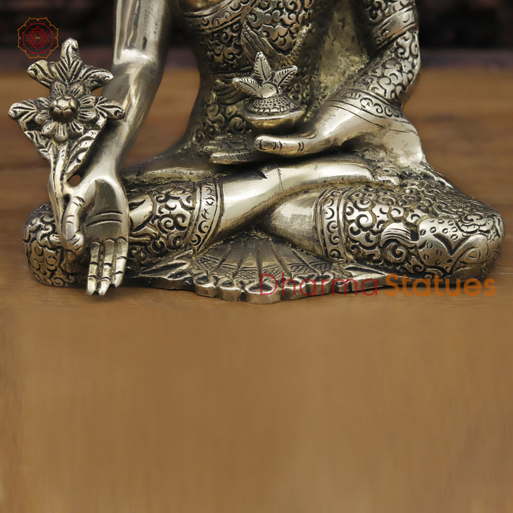 Brass Buddha Statue, Meditating Buddha, Silver Fine Work 8"