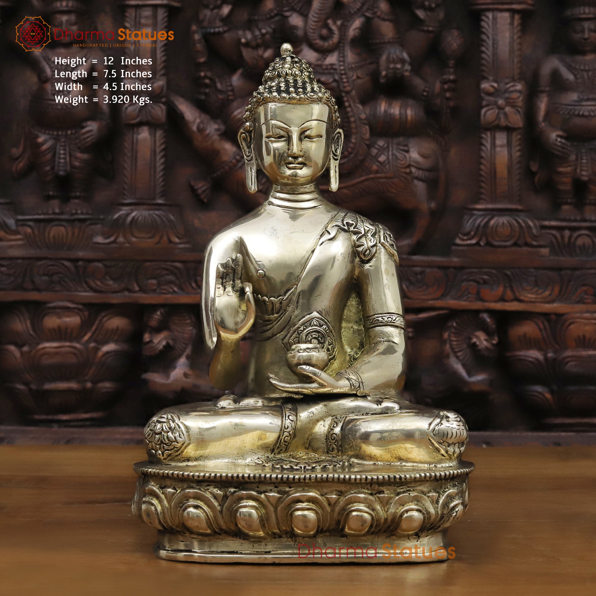 Brass Buddha Statue, Meditating Buddha, Golden Fine Work 12" Front View