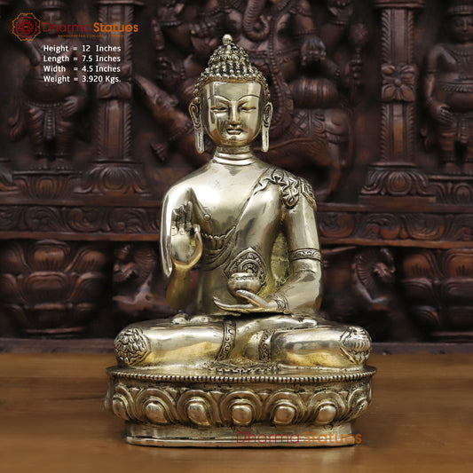 Brass Buddha Statue, Meditating Buddha, Golden Fine Work 12" Front View