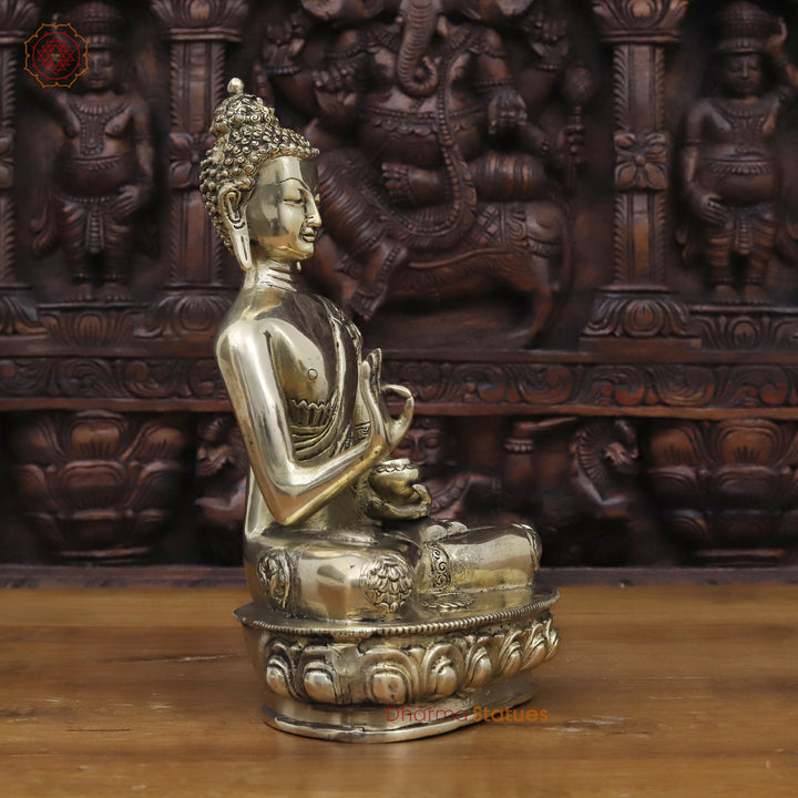 Brass Buddha Statue, Seated on a Lotus Golden Fine Work 12"