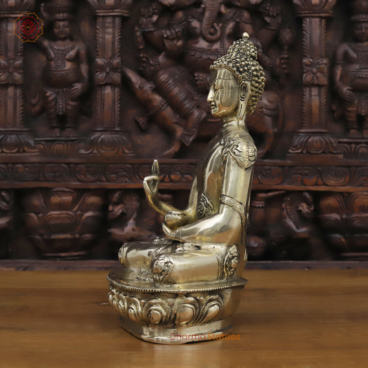 Brass Buddha Statue, Seated on a Lotus Golden Fine Work 12"