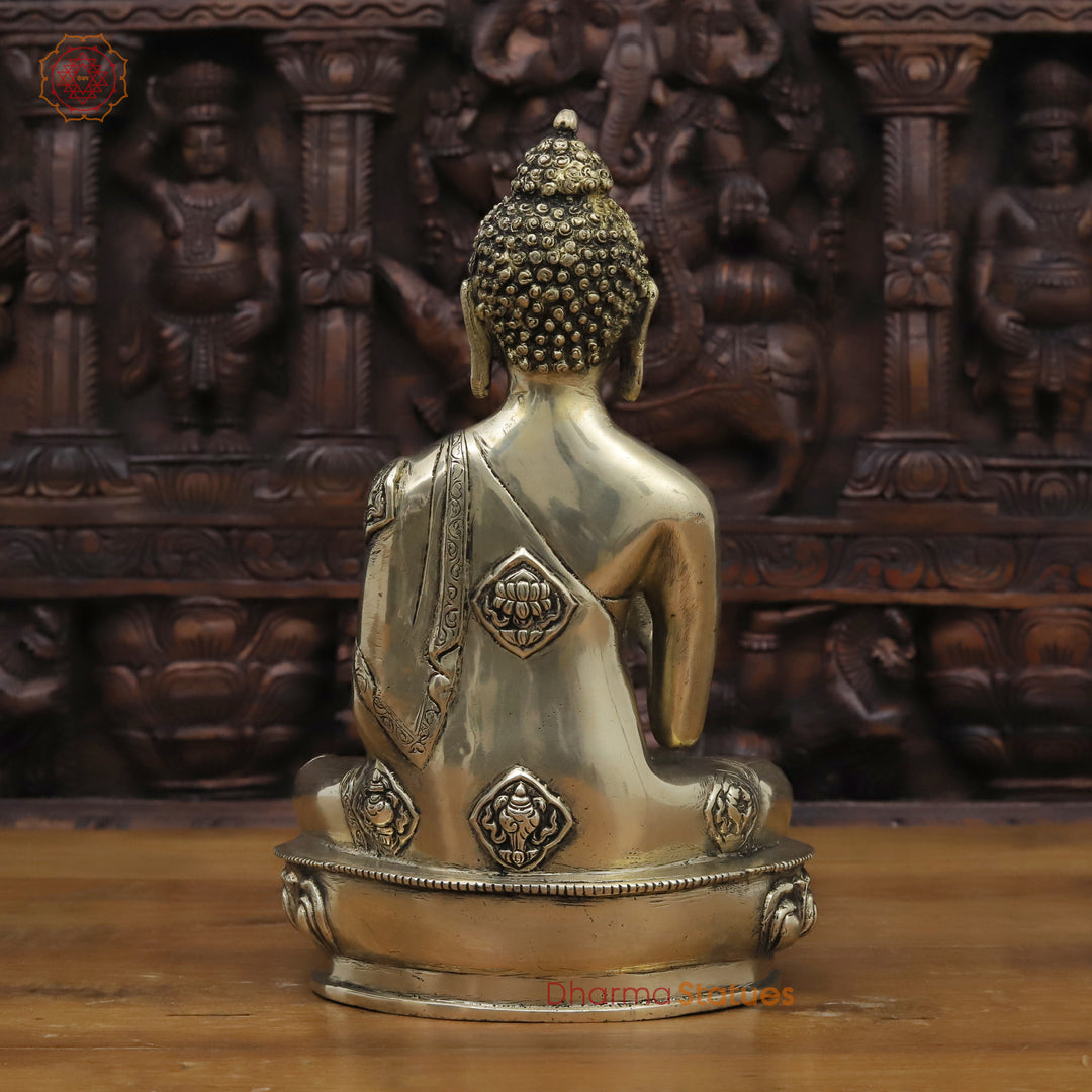 Brass Buddha Statue, Seated on a Lotus Golden Fine Work 12"