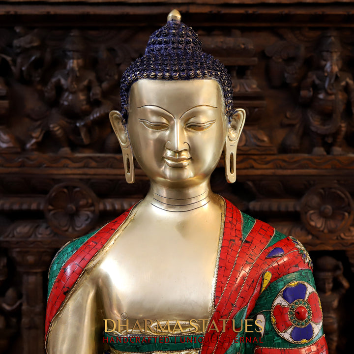 Brass Buddha Statue, Fine Nepali Stone Work and Golden Finish 33"