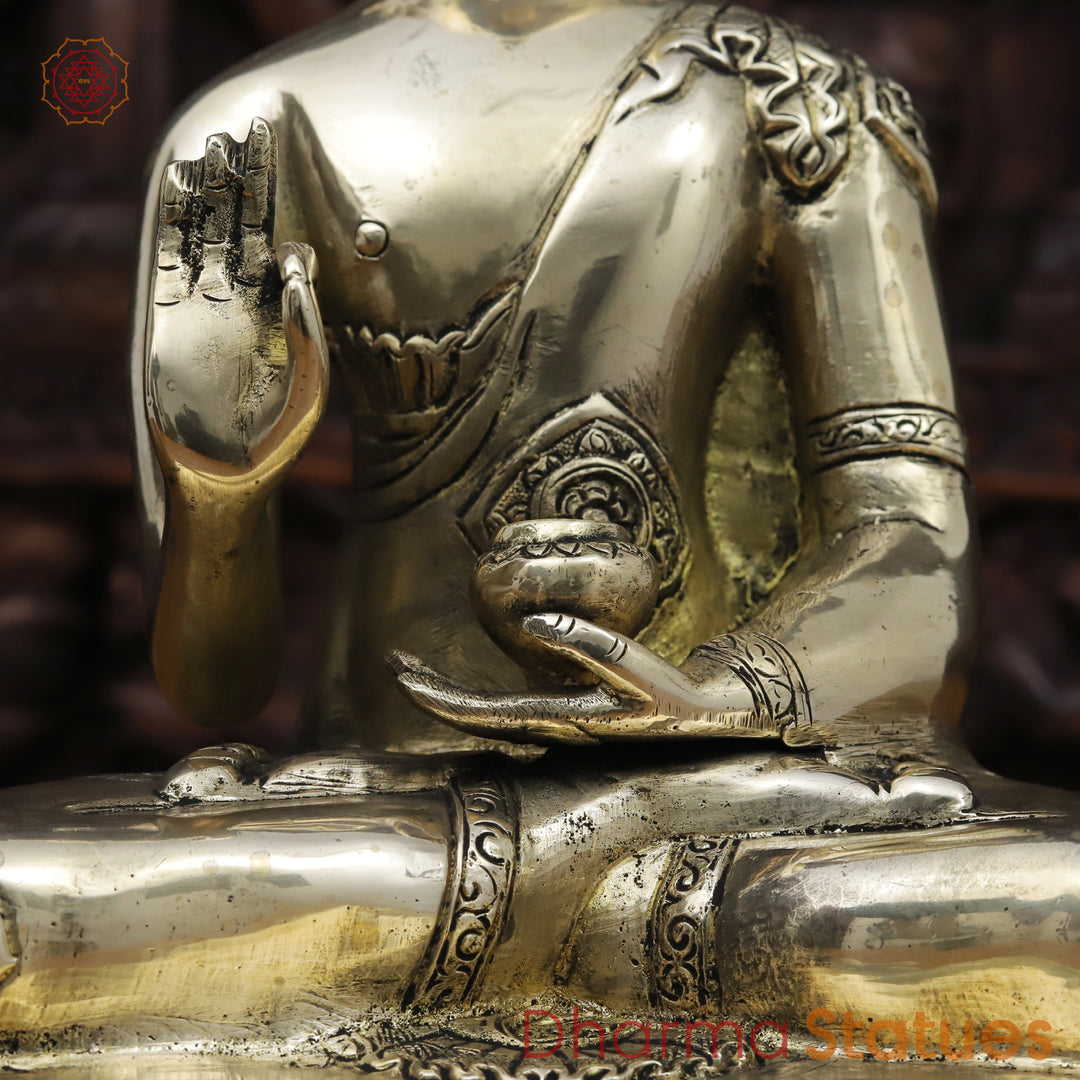 Brass Buddha Statue, Seated on a Lotus Golden Fine Work 12"