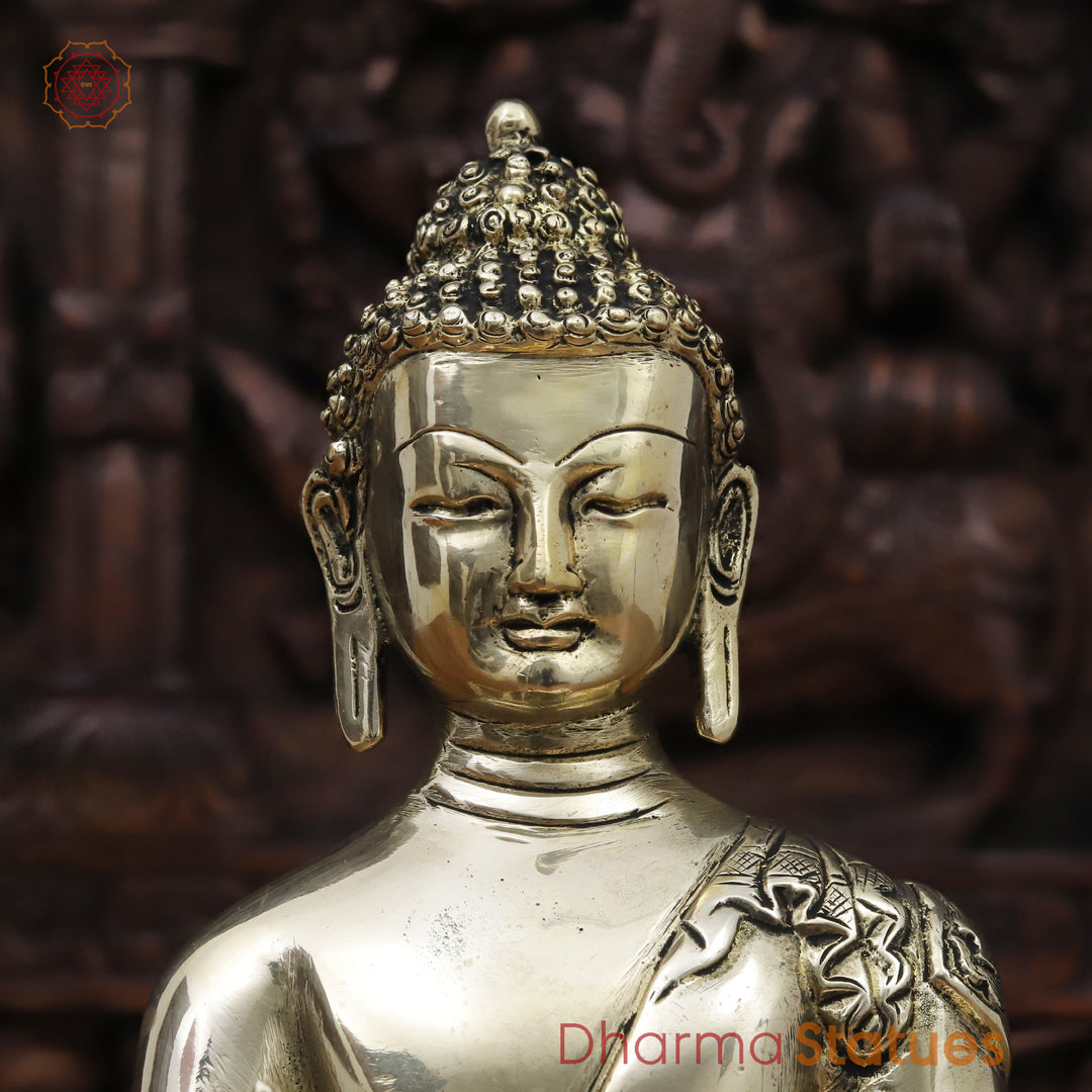 Brass Buddha Statue, Seated on a Lotus Golden Fine Work 12"