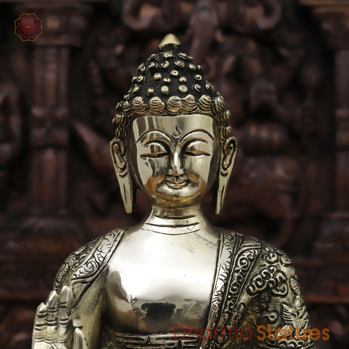 Brass Buddha Statue, Meditating Buddha, Silver Fine Work 12.5"