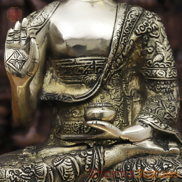 Brass Buddha Statue, Meditating Buddha, Silver Fine Work 12.5"