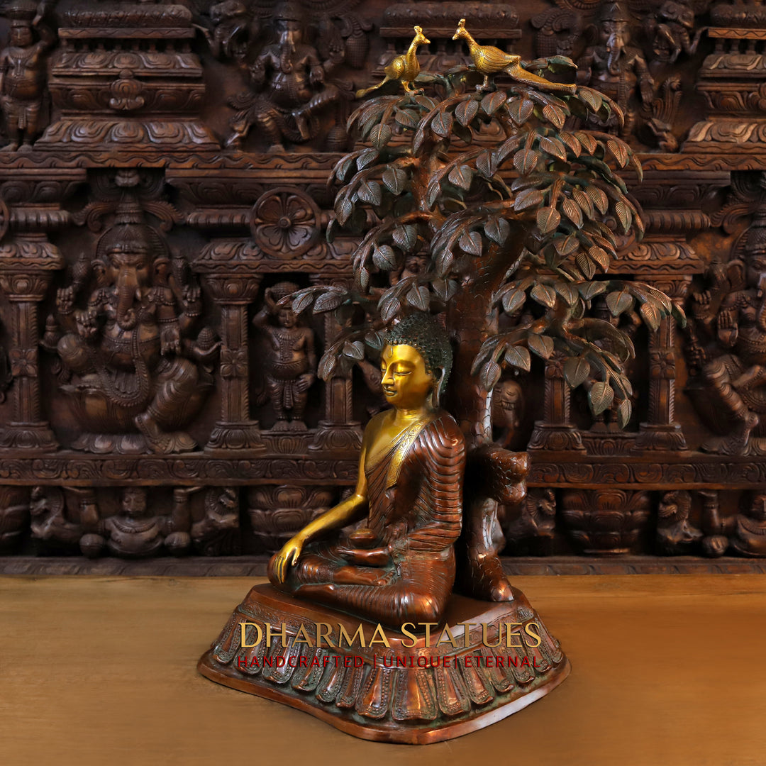 Brass Buddha Idol, Buddha seated under Tree, Copper and Golden Finish 30"