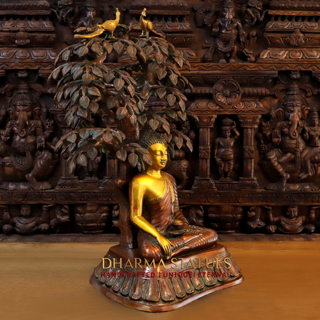 Brass Buddha Idol, Buddha seated under Tree, Copper and Golden Finish 30"